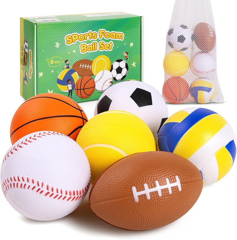 PlayZap 6 Pack Balls for Toddlers Kids, Foam Soft Balls Set, 3.5" Small Soccer Basketball Baseball Football Volleyball Tennis, Indoor Outdoor Sports Toys Gifts for Boys Girls - Image 1